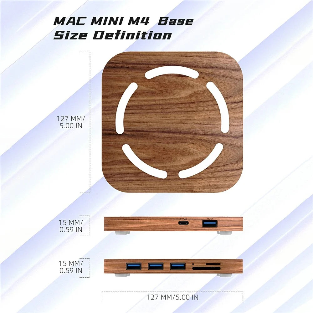 AJM4-H For Mac Mini M4  /  M4 Pro Wooden Expansion Dock USB 3.0 Hub Stand with TF / SD Card Reader Base - 7