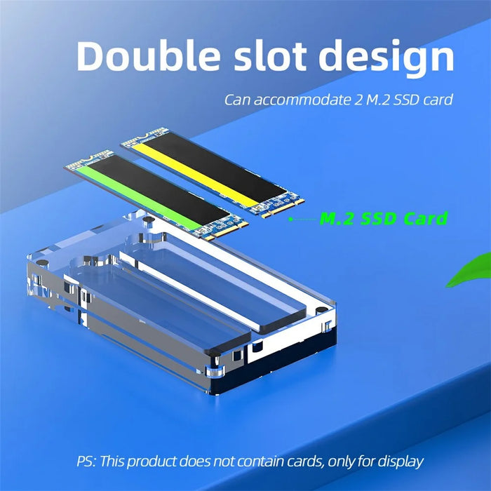 AJCX02M2 M.2 SSD Transparent Magnetic Storage Case 2-Slot SATA Organizer Acrylic Protection Box - 2
