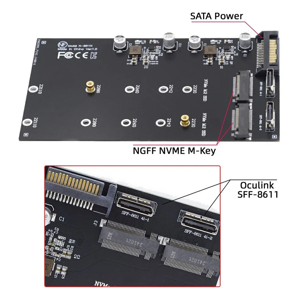 SF-046-2P Dual Oculink SFF-8612 4X to Dual NVME 110mm Adapter Card for Mainboard / Pcie SSD Connection - 2