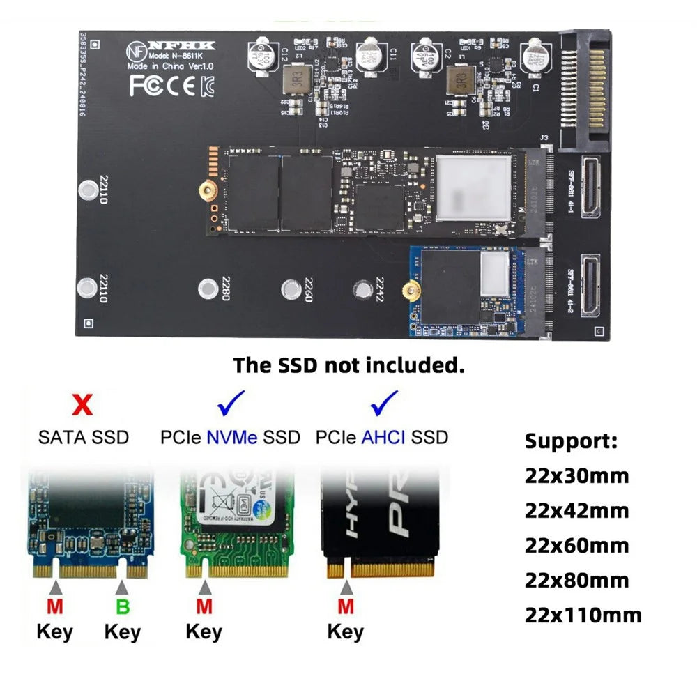 SF-046-2P Dual Oculink SFF-8612 4X to Dual NVME 110mm Adapter Card for Mainboard / Pcie SSD Connection - 4