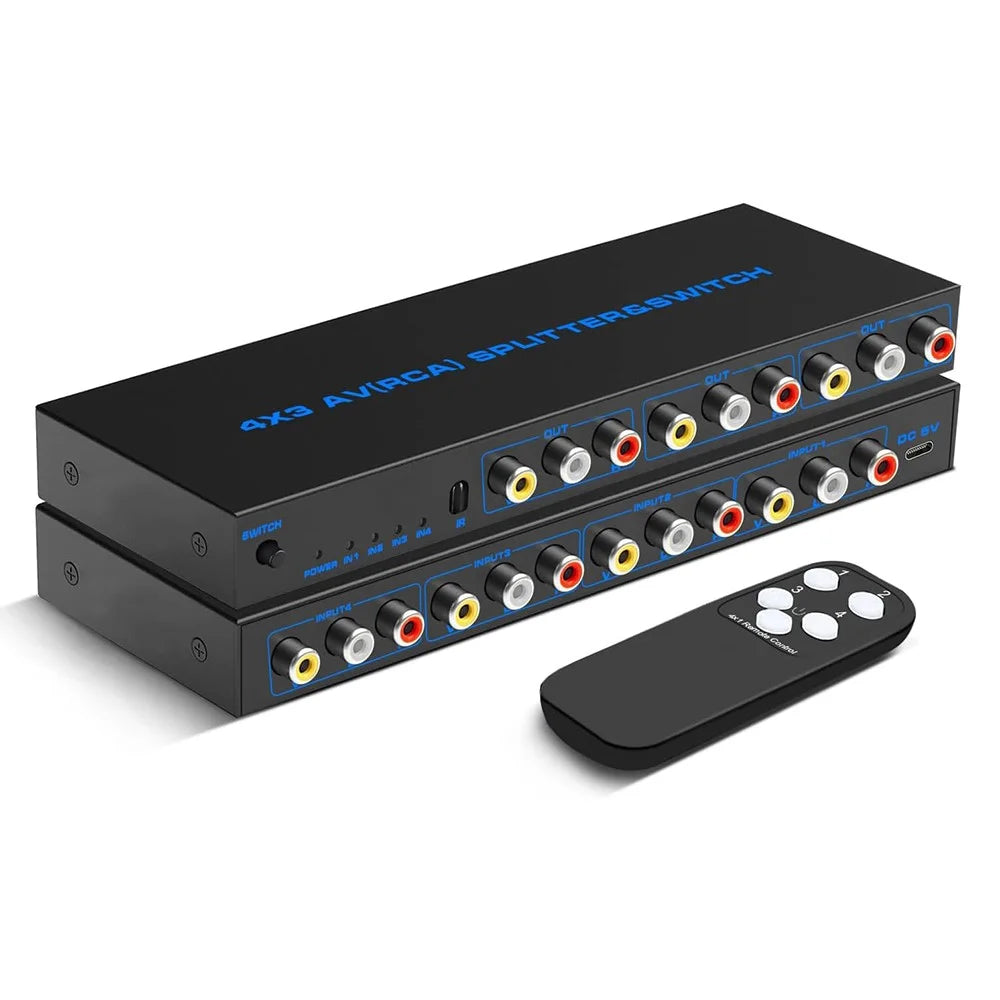 RCA AV Switch Splitter Box 4 In 3 Out AV Audio Video Signal Composite Switcher with Remote Control - US Plug - 1
