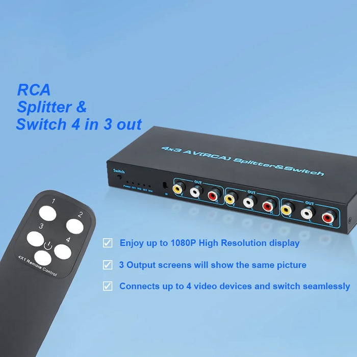 RCA AV Switch Splitter Box 4 In 3 Out AV Audio Video Signal Composite Switcher with Remote Control - US Plug - 2