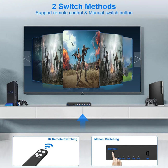 RCA AV Switch Splitter Box 4 In 3 Out AV Audio Video Signal Composite Switcher with Remote Control - US Plug - 4