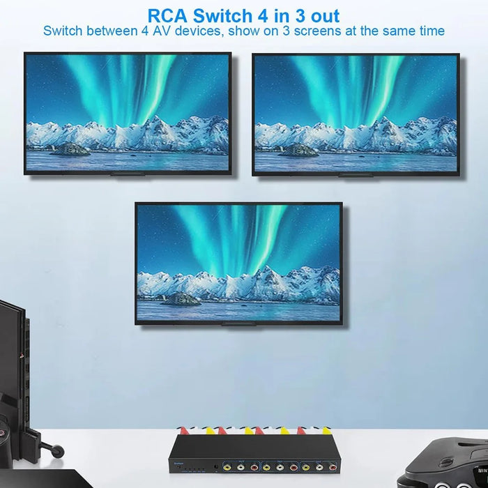 RCA AV Switch Splitter Box 4 In 3 Out AV Audio Video Signal Composite Switcher with Remote Control - US Plug - 5