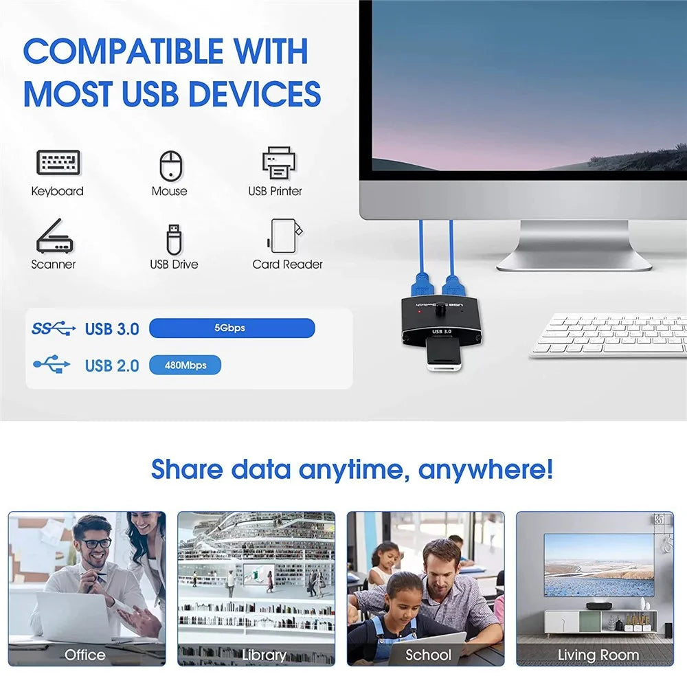 USB 3.0 Bidirectional Switch 1 Input 2 Output Hub Keyboard Mouse USB Drive Printer Sharing Splitter - 2