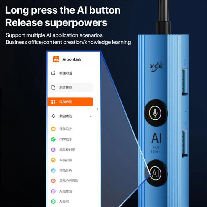 YCE V295B 5 in 1 USB 3.0 / Type-C Dual Head Hub Multifunctional Voice Recognition Smart AI Expansion Dock - Blue - 6