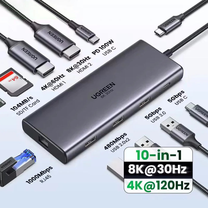 UGREEN 15534 USB-C Hub 8K / 4K HD RJ45 USB 3.0 PD 100W 10 in 1 Aluminum Alloy Adapter - 2