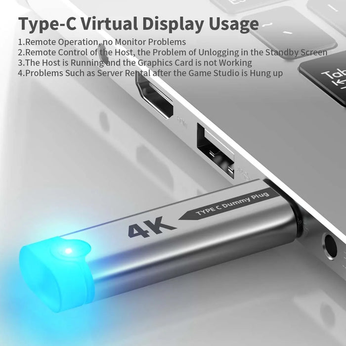 4K 60Hz Type-C Virtual Display Adapter For USB4 Thunderbolt 3 / 4 Laptops Desktop Computers GPU EDID Emulator - Grey - 2