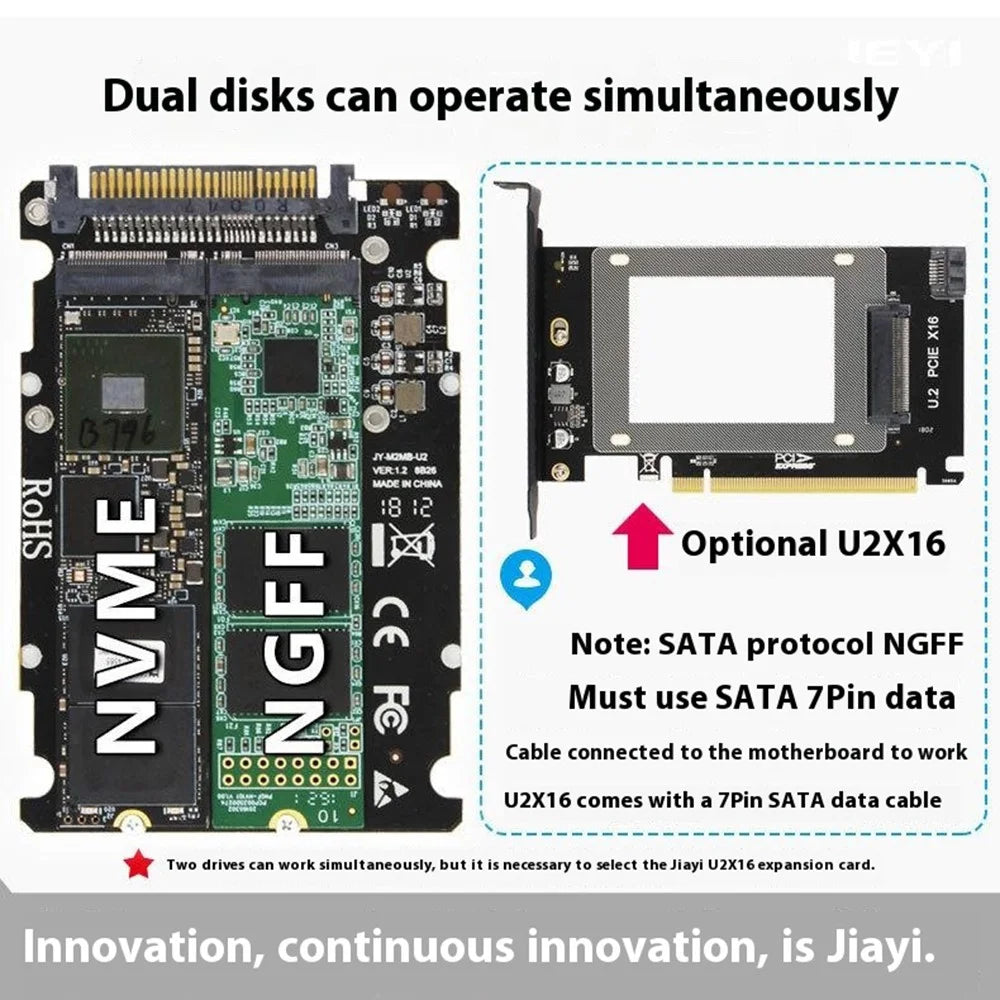 JEYI U2PCB U.2 to PCIe Adapter Card SFF-8639 PCIe 3.0 X4 SATA SSD Dual Ports Expansion Card - 7