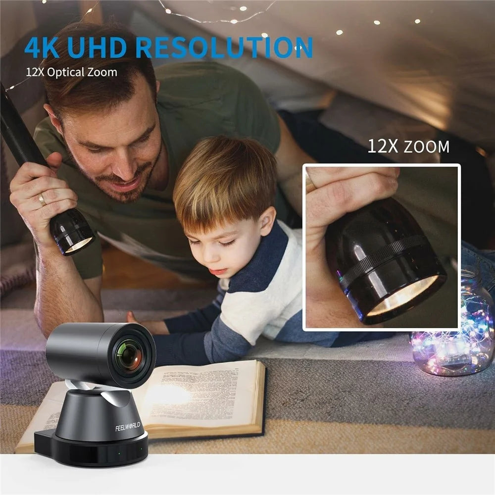 FEELWORLD 4K PTZ Camera 12X Optical Zoom AI Person Tracking Camera HD  /  USB  /  LAN Output - US Plug - 5