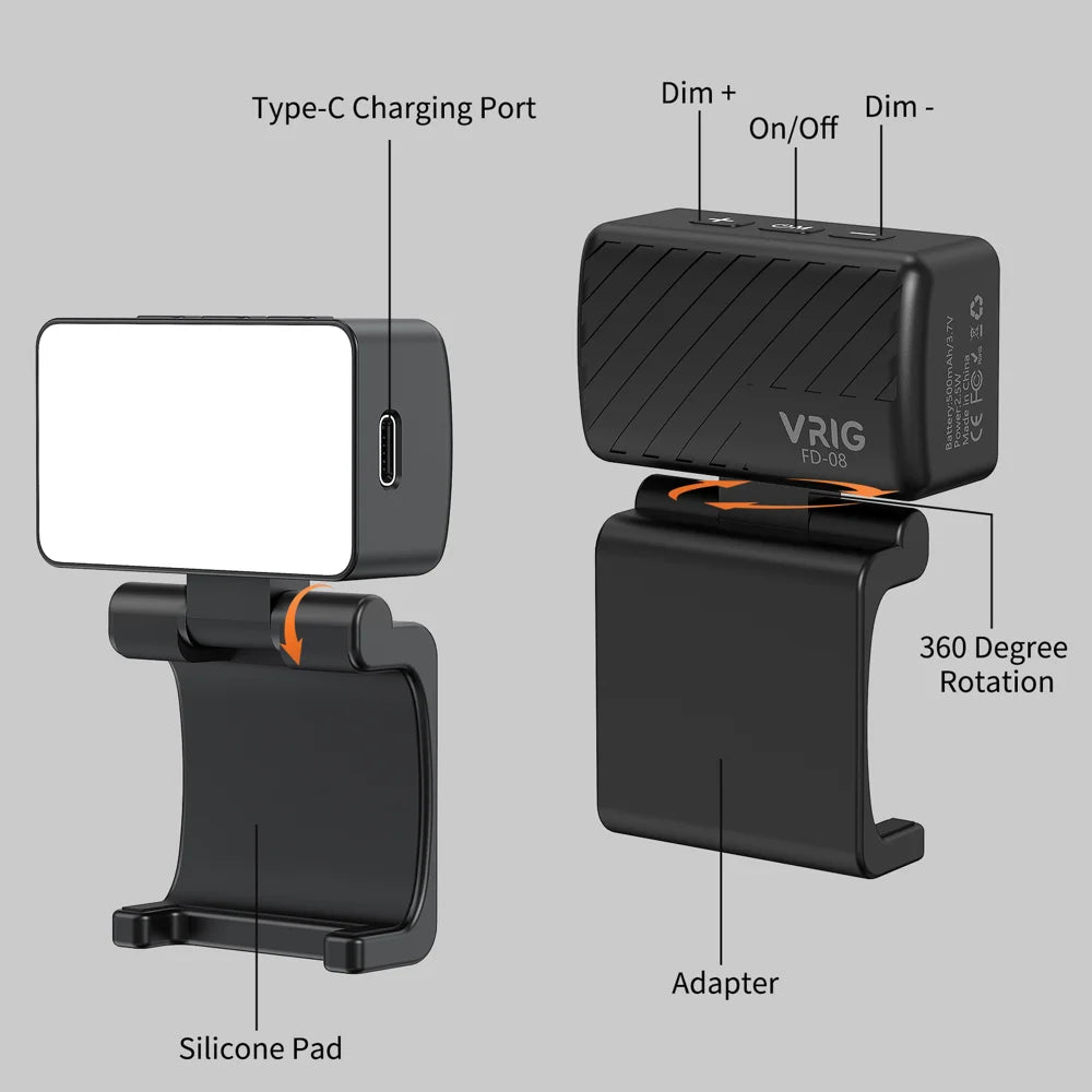 VRIG FD-08 For DJI Osmo Pocket 3 Camera LED Fill Light 3 Color Temperatures 360 Degree Rotation Photography Lamp - 7