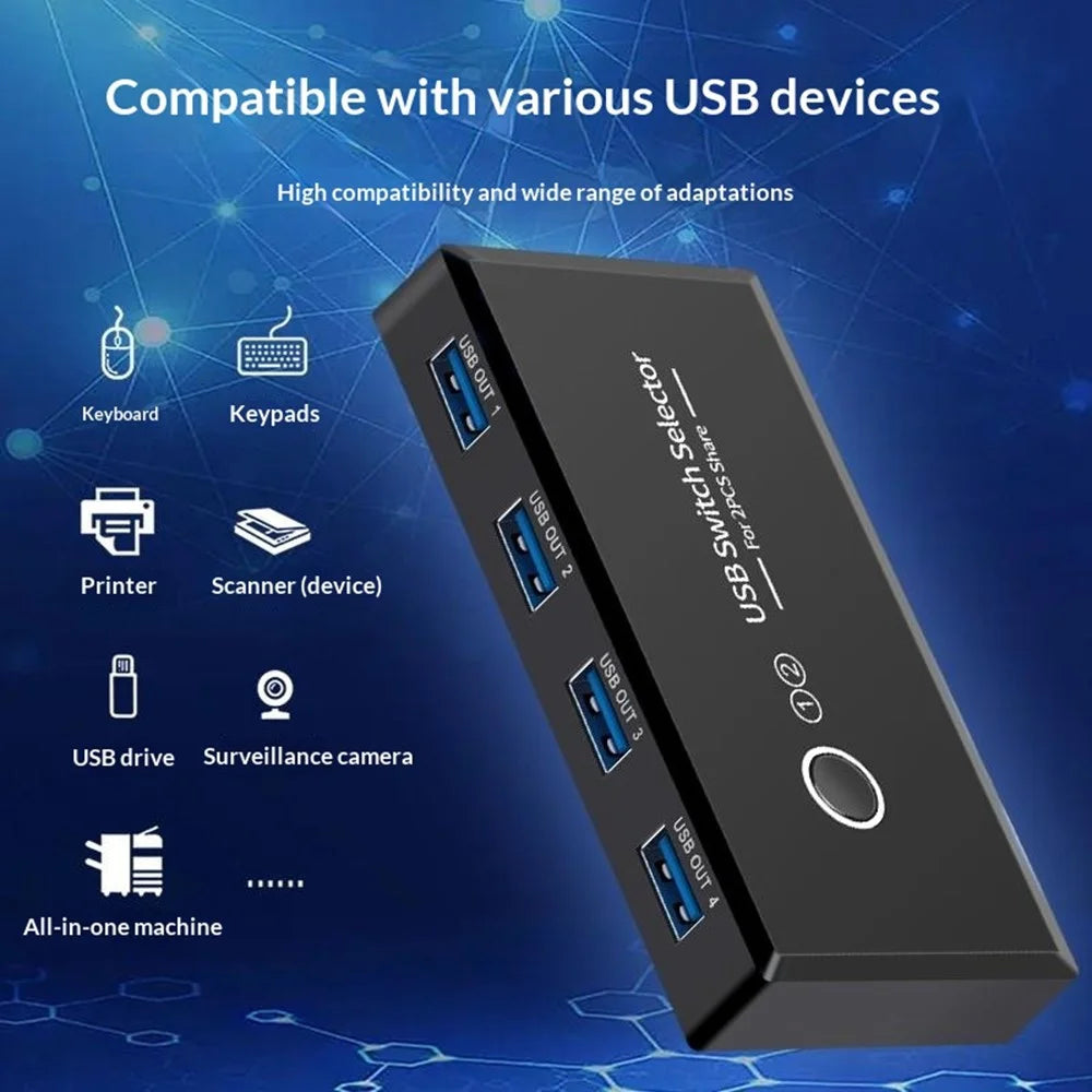 KY03 KVM USB 3.0 Switch Selector 2 Input 4 Output Sharing Splitter for Printer Mouse Keyboard USB Hub Sharing - Black - 6