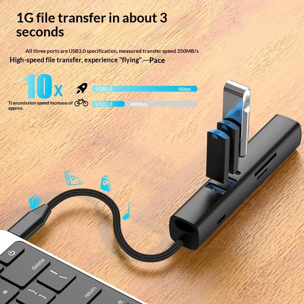 TYS-8HD Type-C to HDTV 8-in-1 USB-C Hub 5Gbps 100W PD 4K HD Docking Station Multi-Port Adapter for Laptop - Black - 5