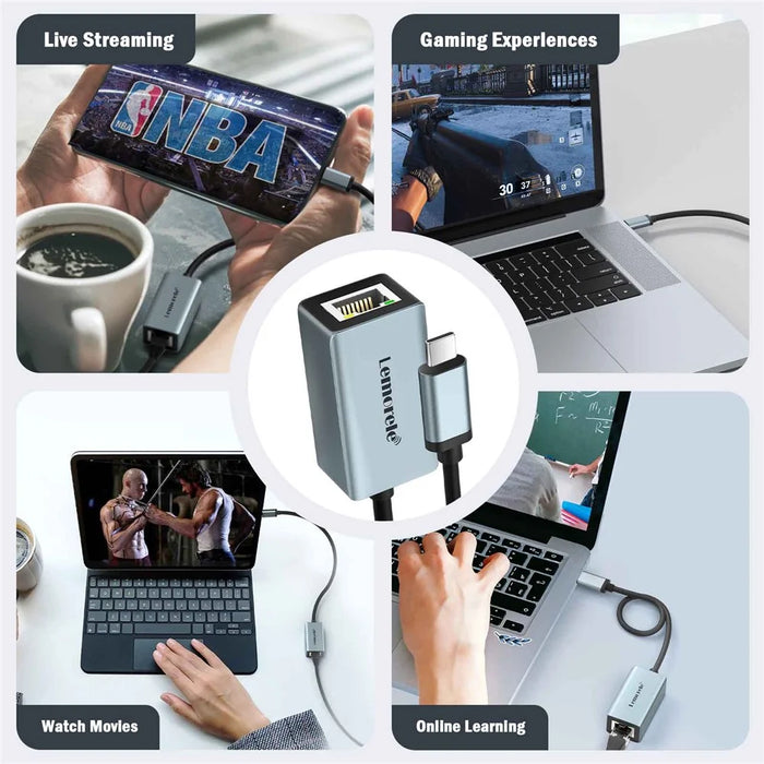 LEMORELE TC48 USB-C to Ethernet Adapter Gigabit RJ45 Network Converter for Laptop Tablet Phone - Silver Grey - 6