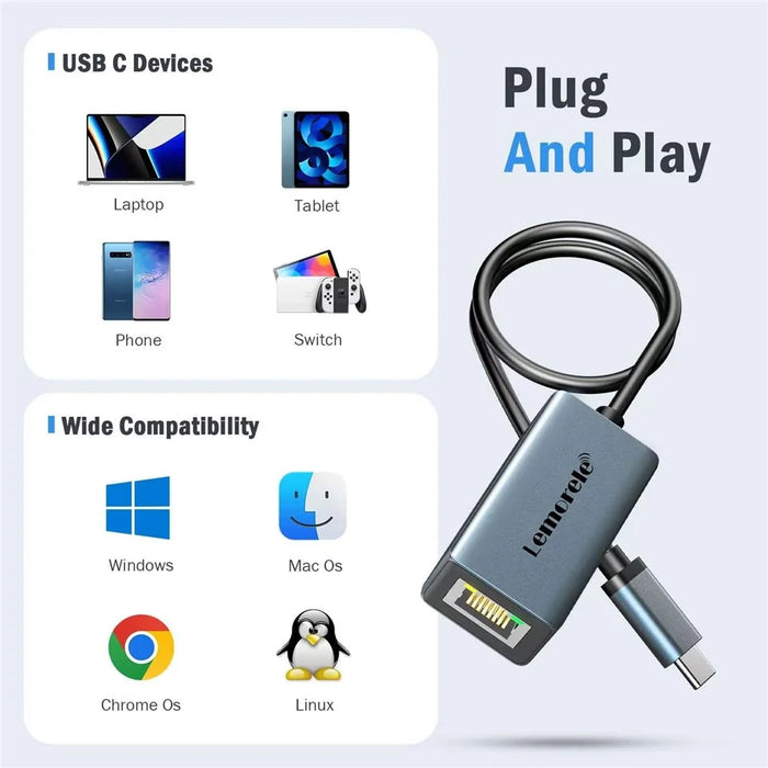 LEMORELE TC48 USB-C to Ethernet Adapter Gigabit RJ45 Network Converter for Laptop Tablet Phone - Silver Grey - 7