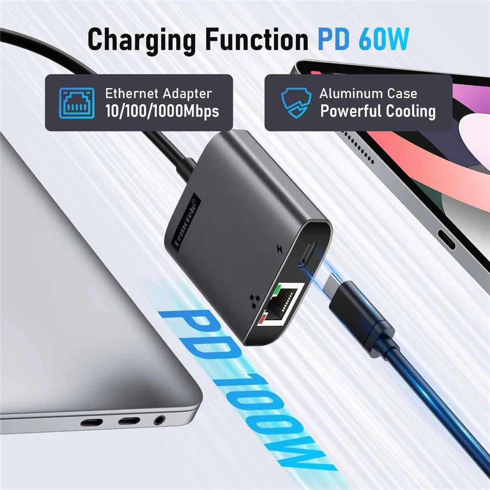 LEMORELE TC35 USB-C to 2.5G Ethernet Adapter PD 100W Fast Charging Hub Gigabit Network Converter - Black - 5