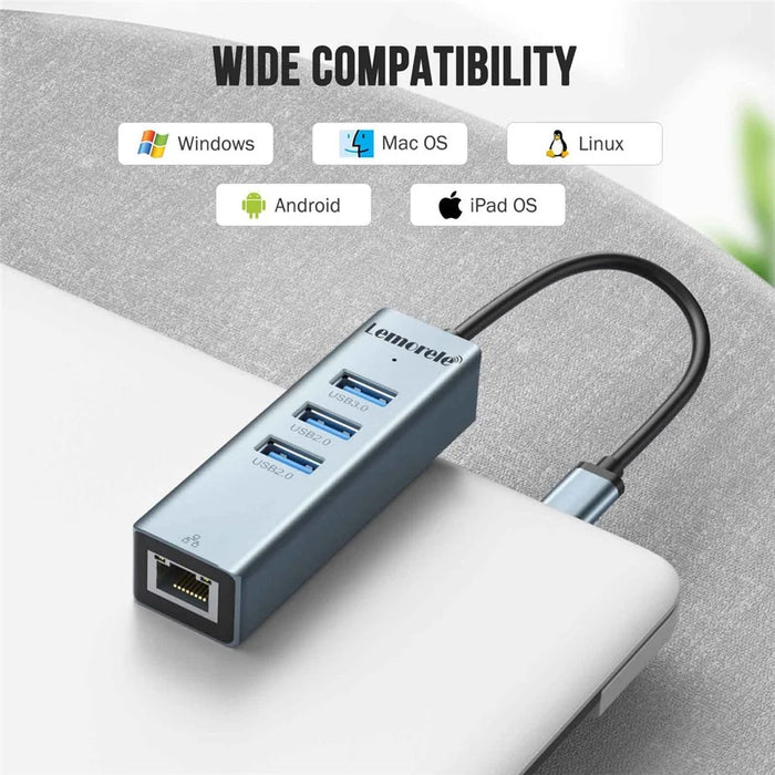 LEMORELE TC43L 4 in 1 USB-C Hub with USB 3.0 + 2 USB 2.0 + RJ45 Gigabit Ethernet Adapter for Laptop MacBook - Silver Green - 4