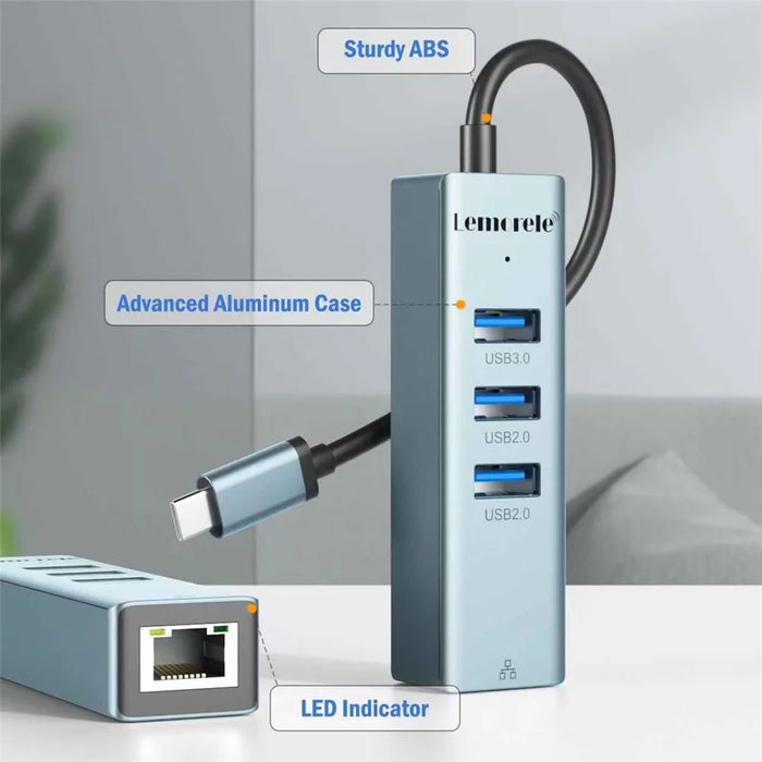 LEMORELE TC43L 4 in 1 USB-C Hub with USB 3.0 + 2 USB 2.0 + RJ45 Gigabit Ethernet Adapter for Laptop MacBook - Silver Green - 7