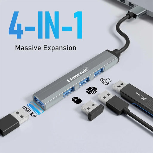 LEMORELE TC53 4 in 1 USB 3.0 Hub Aluminum Alloy 4-Port Expander Adapter for Laptop - Silver Grey - 2