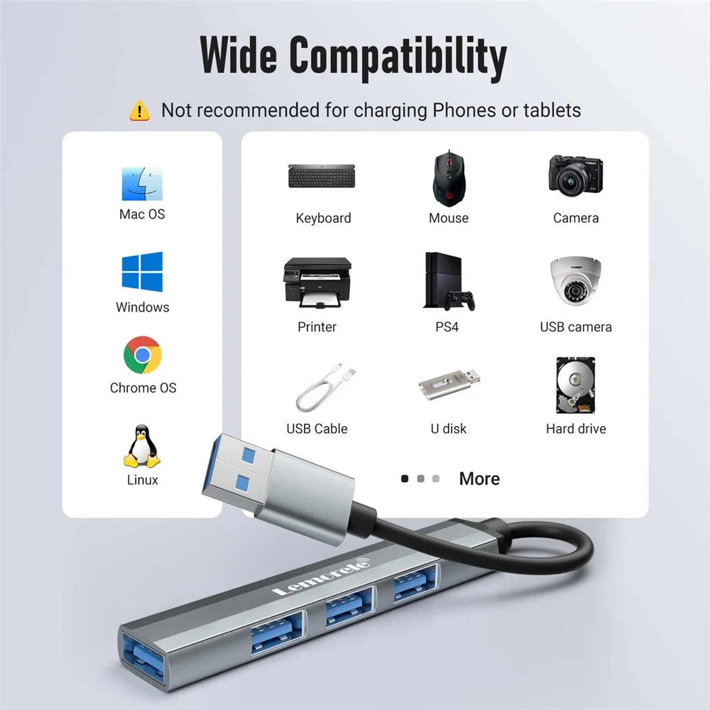 LEMORELE TC53 4 in 1 USB 3.0 Hub Aluminum Alloy 4-Port Expander Adapter for Laptop - Silver Grey - 3