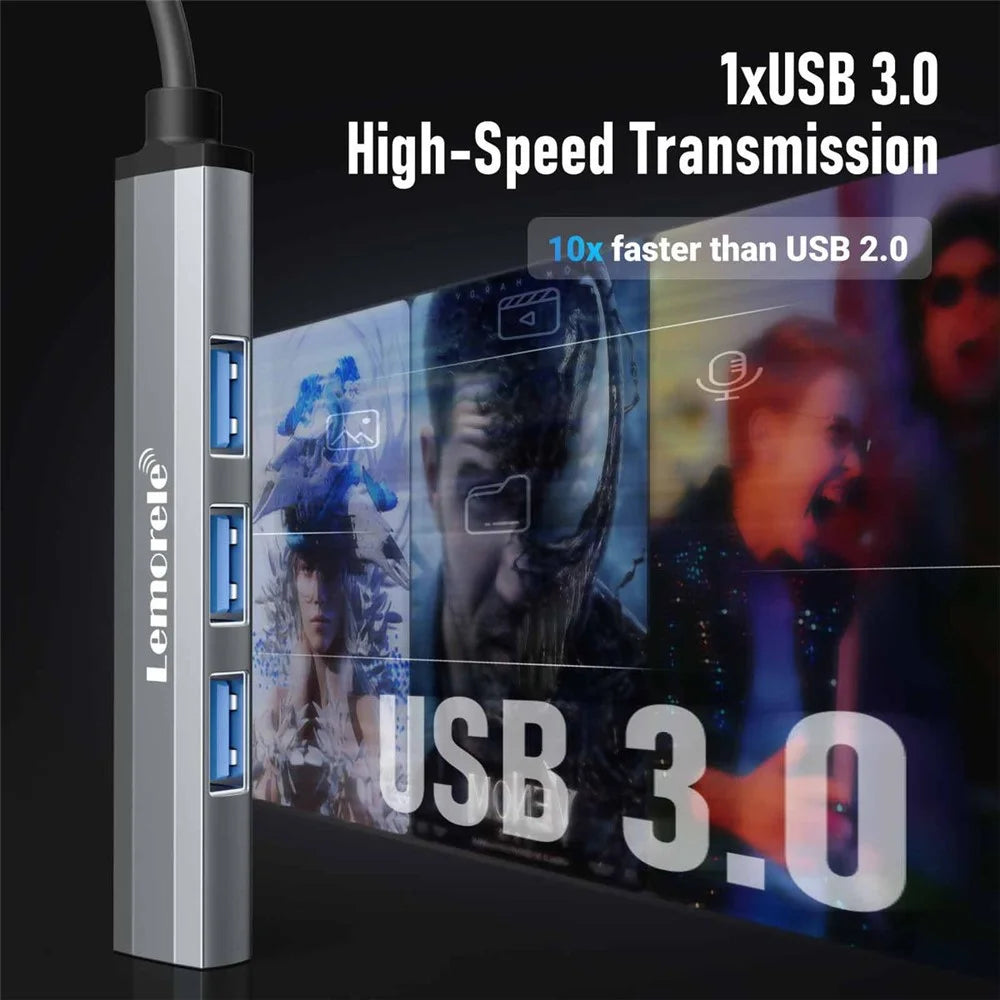LEMORELE TC53 4 in 1 USB 3.0 Hub Aluminum Alloy 4-Port Expander Adapter for Laptop - Silver Grey - 7
