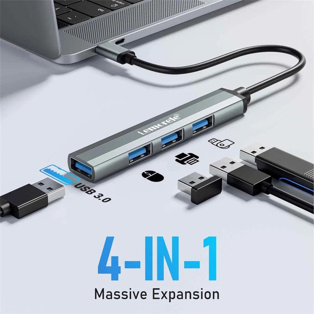 LEMORELE TC57 Portable USB-C Hub 4-Port USB 3.0 Splitter Adapter for Laptop Expansion Dock - Silver Grey - 2