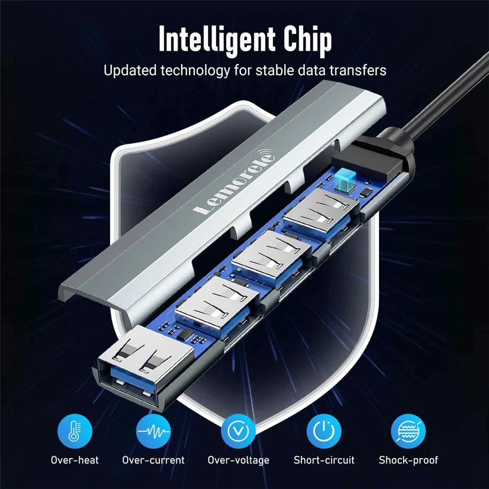 LEMORELE TC57 Portable USB-C Hub 4-Port USB 3.0 Splitter Adapter for Laptop Expansion Dock - Silver Grey - 5