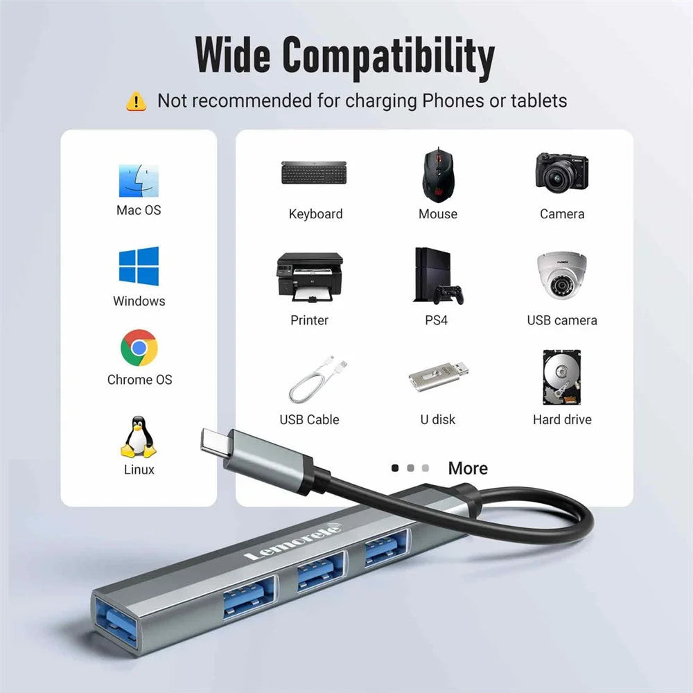 LEMORELE TC57 Portable USB-C Hub 4-Port USB 3.0 Splitter Adapter for Laptop Expansion Dock - Silver Grey - 6