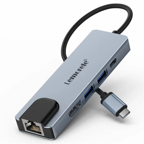 LEMORELE TC15L Plus 5 in 1 USB-C Hub PD 100W Charging USB 3.0 HD RJ45 Ethernet Expansion Dock - Silver Grey - 1