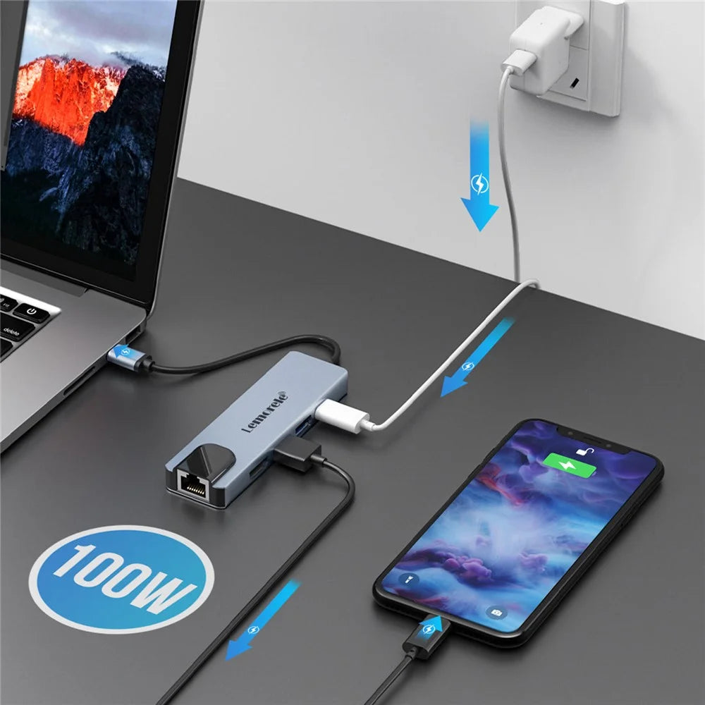 LEMORELE TC15L Plus 5 in 1 USB-C Hub PD 100W Charging USB 3.0 HD RJ45 Ethernet Expansion Dock - Silver Grey - 2