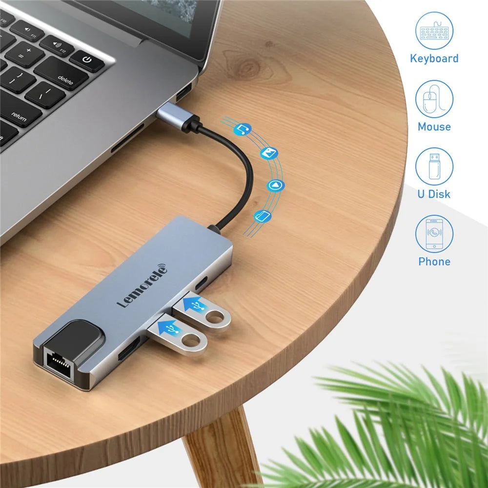 LEMORELE TC15L Plus 5 in 1 USB-C Hub PD 100W Charging USB 3.0 HD RJ45 Ethernet Expansion Dock - Silver Grey - 4