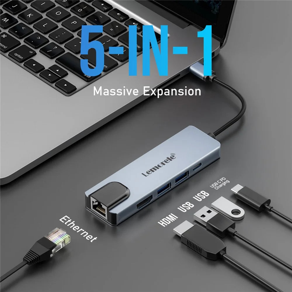 LEMORELE TC15L Plus 5 in 1 USB-C Hub PD 100W Charging USB 3.0 HD RJ45 Ethernet Expansion Dock - Silver Grey - 5
