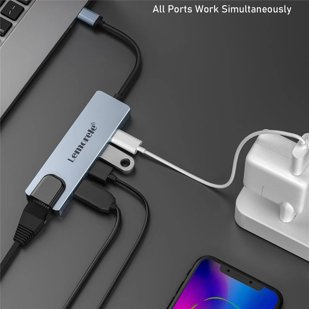 LEMORELE TC15L Plus 5 in 1 USB-C Hub PD 100W Charging USB 3.0 HD RJ45 Ethernet Expansion Dock - Silver Grey - 6