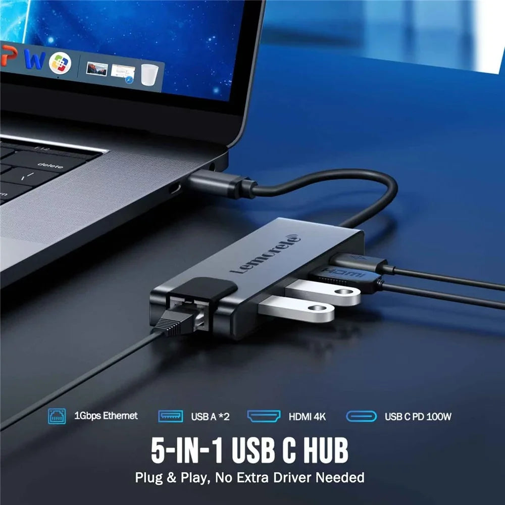 LEMORELE TC24L 5 in 1 USB-C Hub PD 100W Charging 4K HD Gigabit Ethernet Expansion Dock - Black - 2