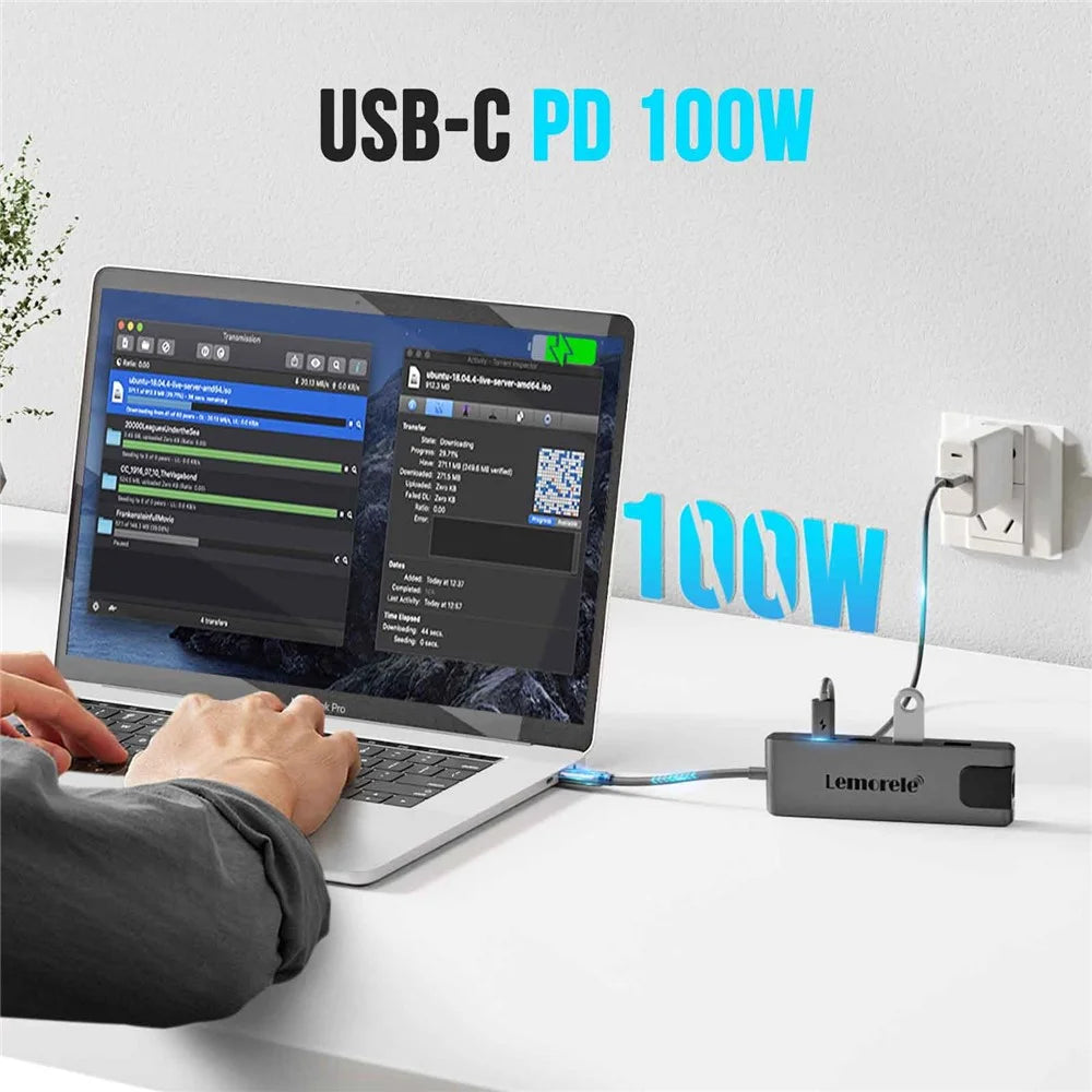 LEMORELE TC24L 5 in 1 USB-C Hub PD 100W Charging 4K HD Gigabit Ethernet Expansion Dock - Black - 4