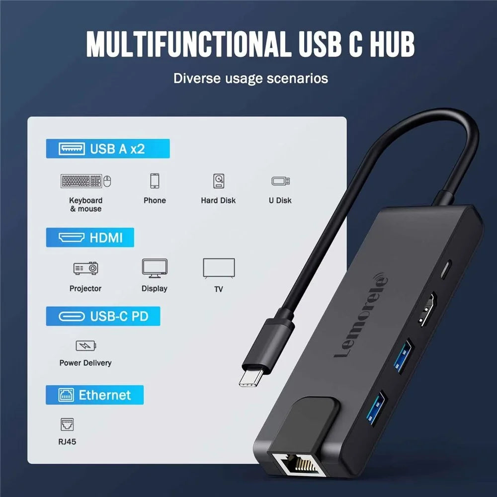 LEMORELE TC24L 5 in 1 USB-C Hub PD 100W Charging 4K HD Gigabit Ethernet Expansion Dock - Black - 5