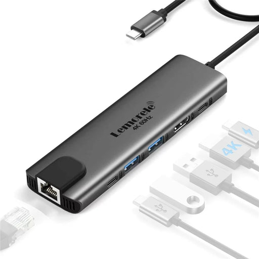 LEMORELE TC44L 6 in 1 USB-C Hub PD 100W Charging 4K / 60Hz HD Ethernet USB 3.0 Multi-port Adapter - Black - 1