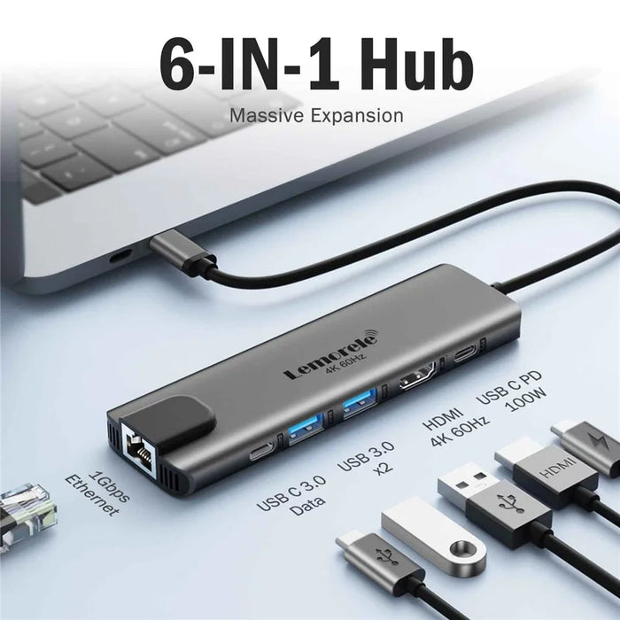 LEMORELE TC44L 6 in 1 USB-C Hub PD 100W Charging 4K / 60Hz HD Ethernet USB 3.0 Multi-port Adapter - Black - 3