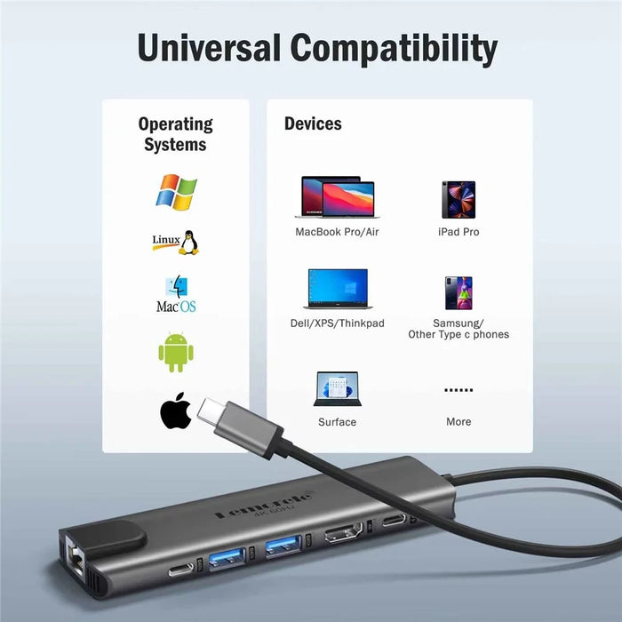 LEMORELE TC44L 6 in 1 USB-C Hub PD 100W Charging 4K / 60Hz HD Ethernet USB 3.0 Multi-port Adapter - Black - 7