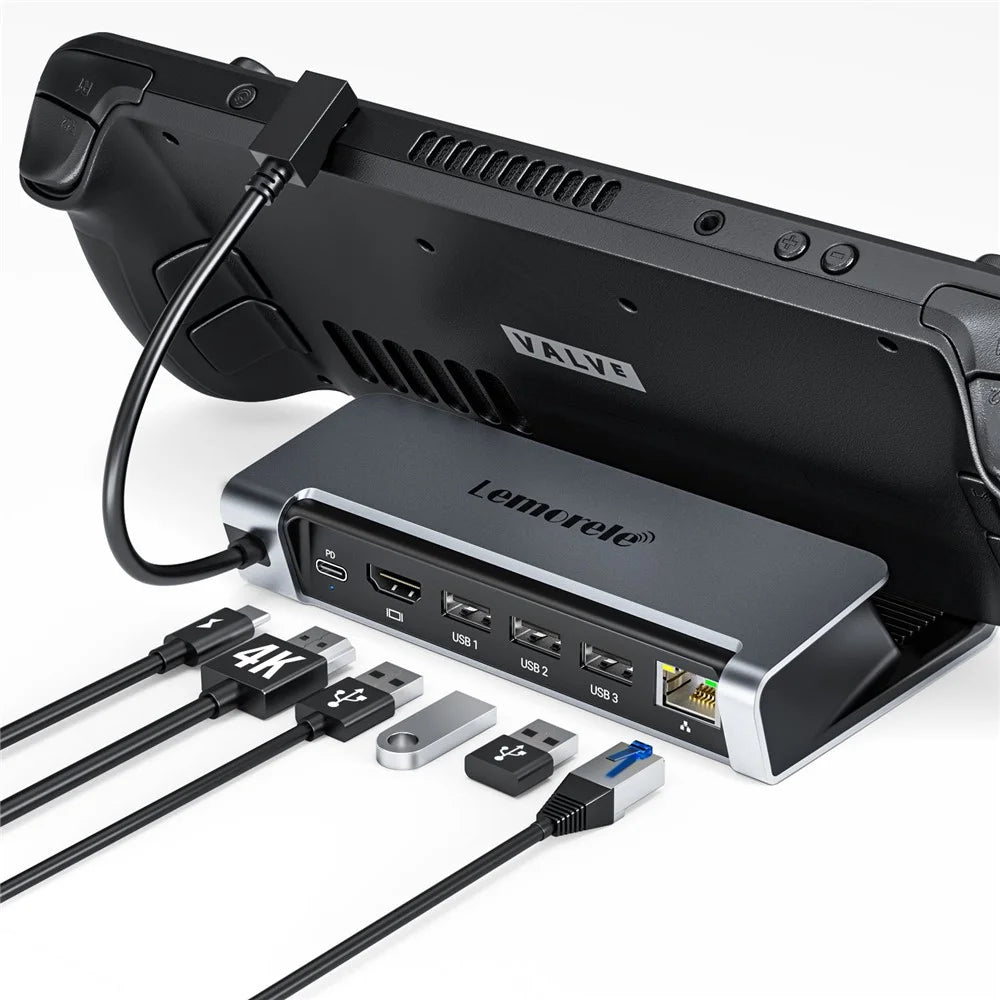 LEMORELE X23L 6 in 1 Docking Station for Steam Deck / Nintendo Switch / Asus ROG Ally (2023) PD 100W Charging 4K / 30Hz HD Ethernet Hub - Silver Grey - 2