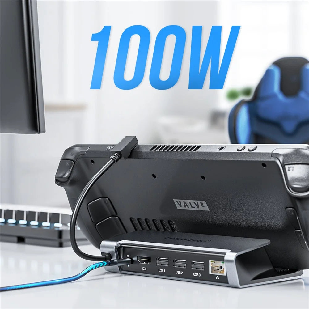 LEMORELE X23L 6 in 1 Docking Station for Steam Deck / Nintendo Switch / Asus ROG Ally (2023) PD 100W Charging 4K / 30Hz HD Ethernet Hub - Silver Grey - 3