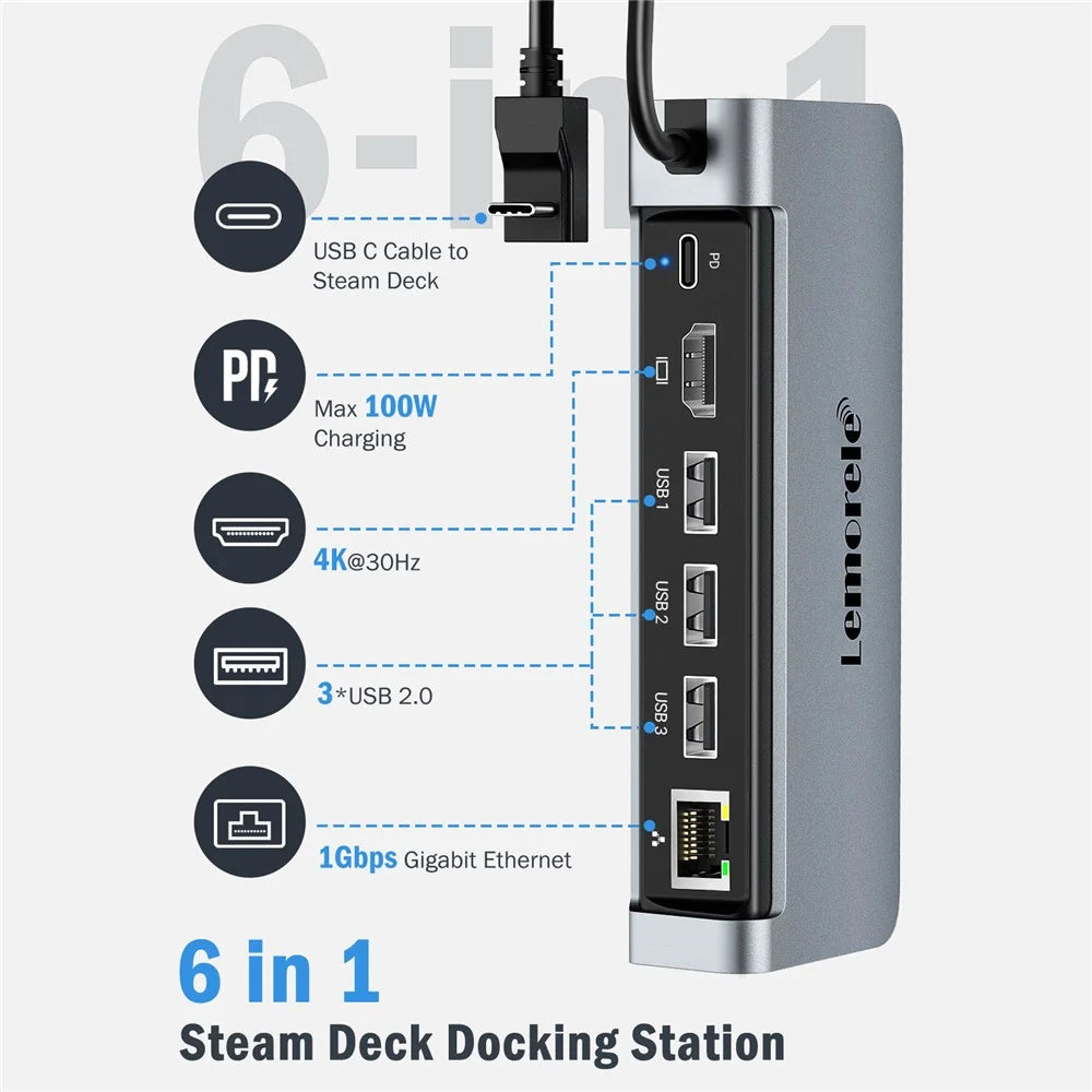 LEMORELE X23L 6 in 1 Docking Station for Steam Deck / Nintendo Switch / Asus ROG Ally (2023) PD 100W Charging 4K / 30Hz HD Ethernet Hub - Silver Grey - 4