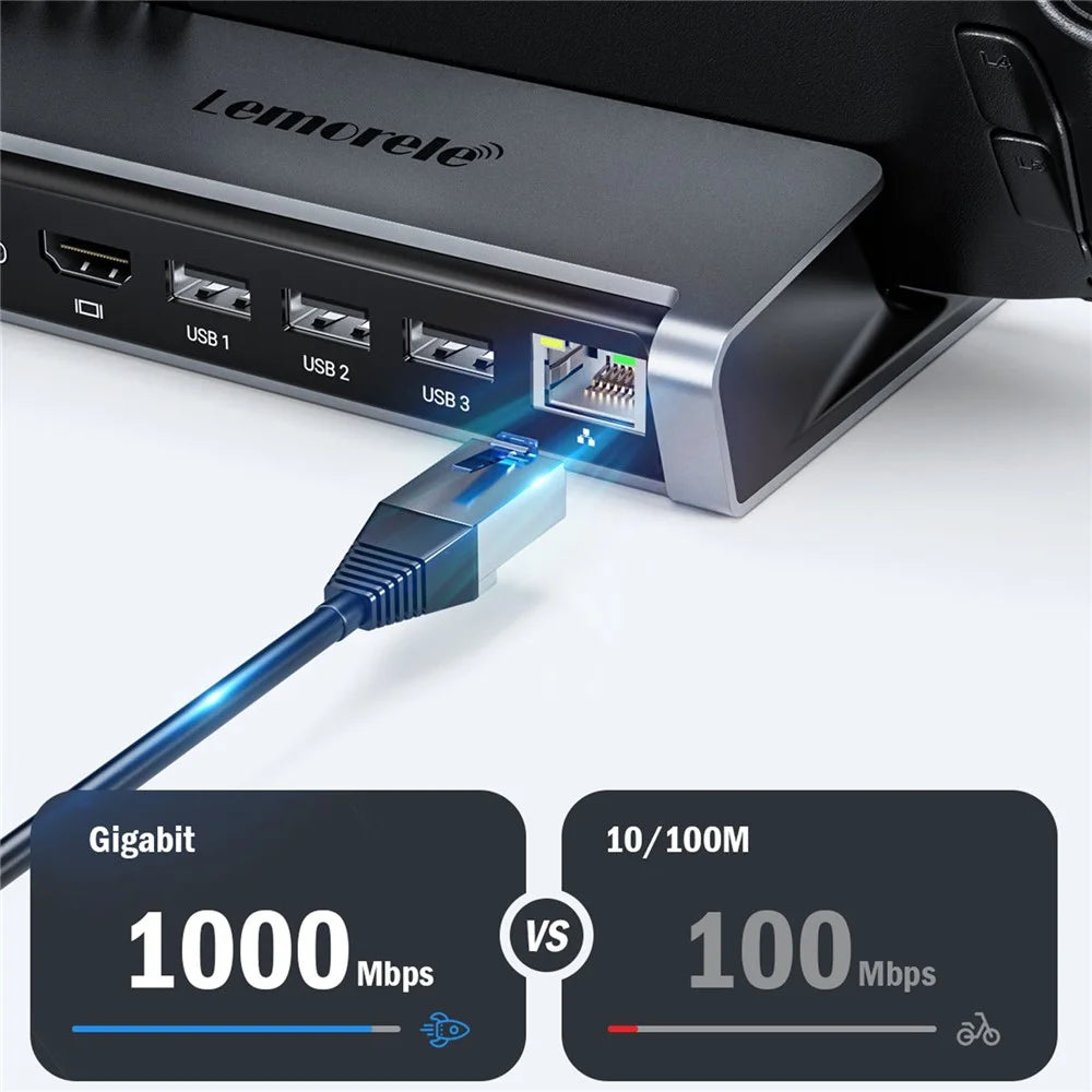 LEMORELE X23L 6 in 1 Docking Station for Steam Deck / Nintendo Switch / Asus ROG Ally (2023) PD 100W Charging 4K / 30Hz HD Ethernet Hub - Silver Grey - 5