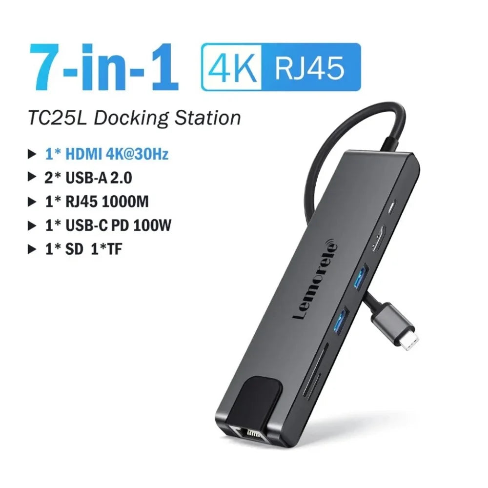 LEMORELE TC25L USB-C Hub 7-in-1 Docking Station PD 100W Charging RJ45 Ethernet 4K HD USB 2.0 Multi-port Adapter - Grey - 2