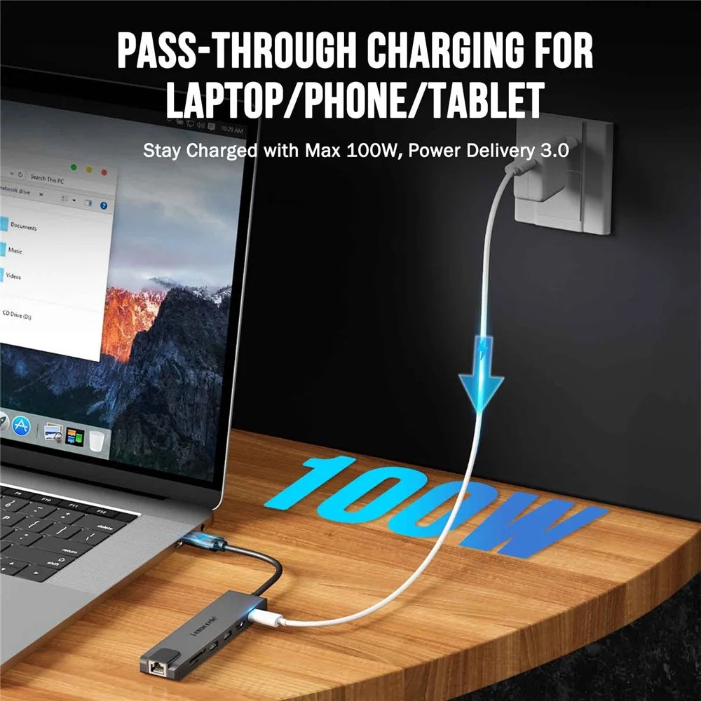 LEMORELE TC25L USB-C Hub 7-in-1 Docking Station PD 100W Charging RJ45 Ethernet 4K HD USB 2.0 Multi-port Adapter - Grey - 3