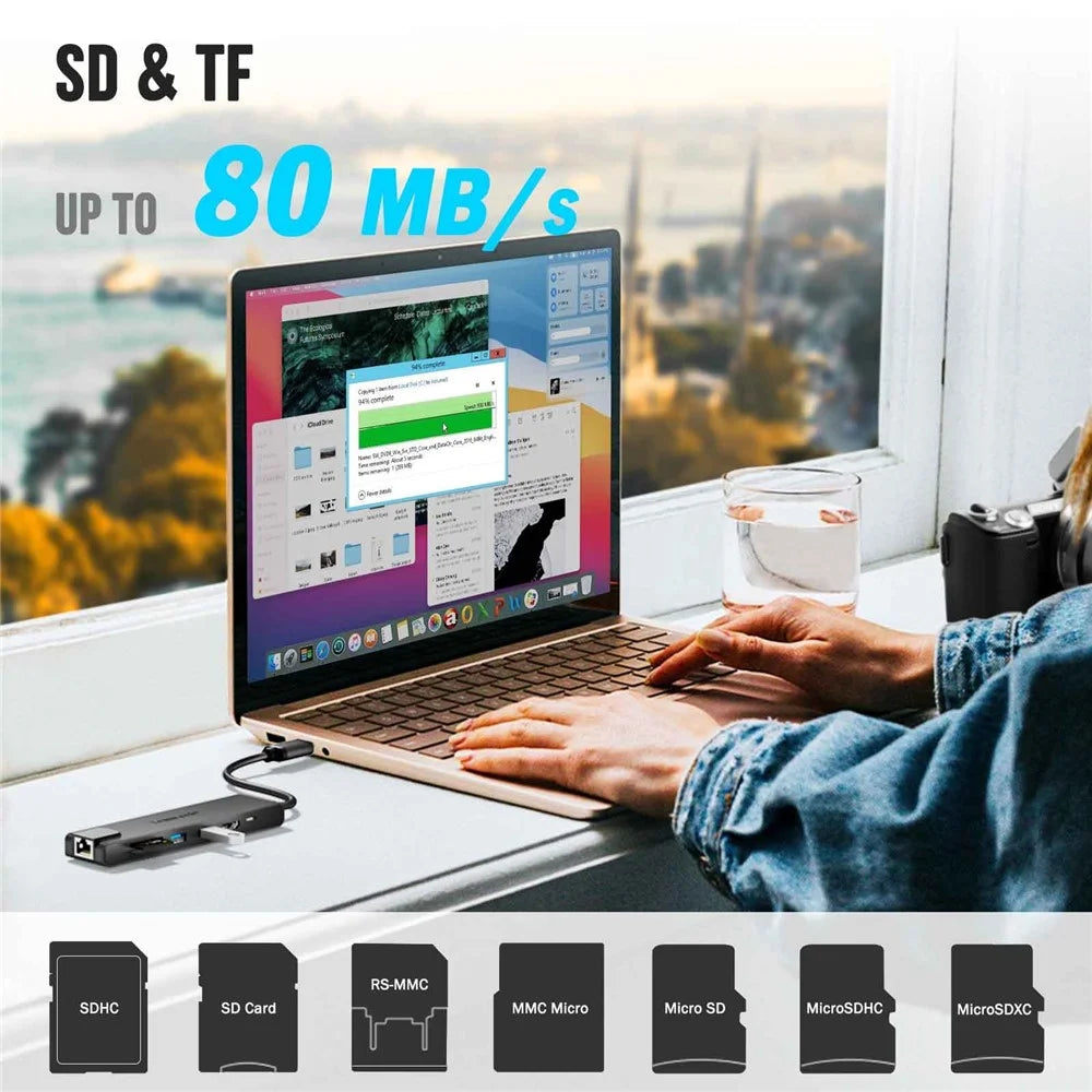 LEMORELE TC25L USB-C Hub 7-in-1 Docking Station PD 100W Charging RJ45 Ethernet 4K HD USB 2.0 Multi-port Adapter - Grey - 4