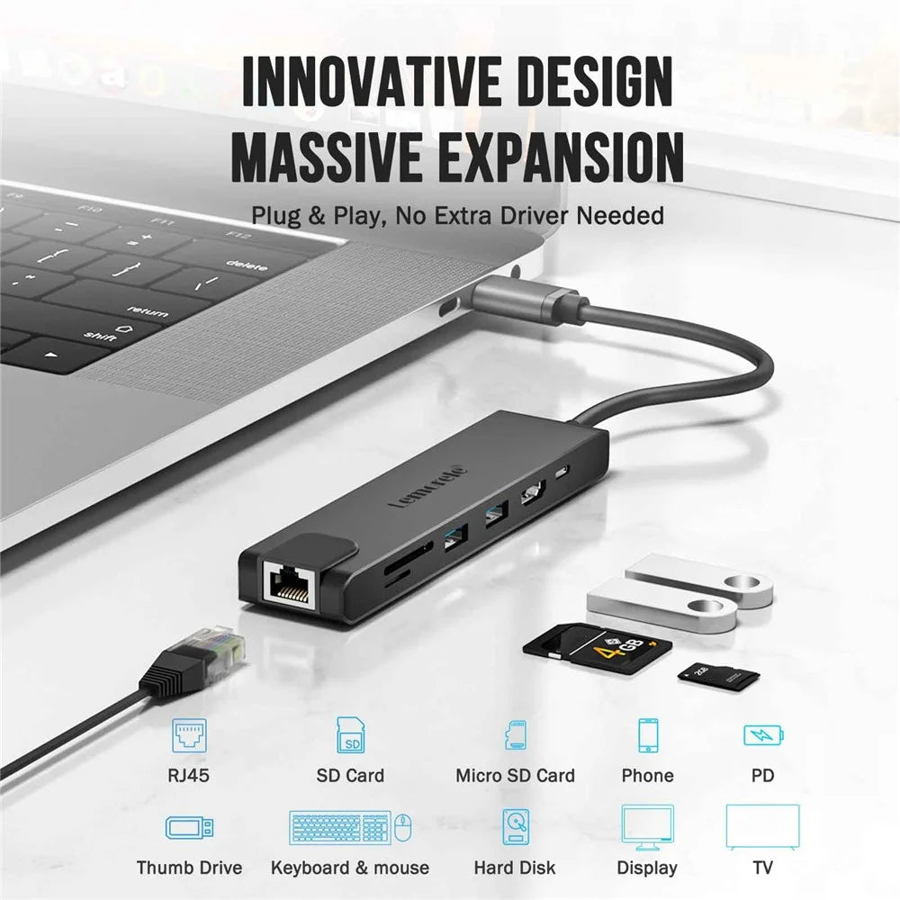 LEMORELE TC25L USB-C Hub 7-in-1 Docking Station PD 100W Charging RJ45 Ethernet 4K HD USB 2.0 Multi-port Adapter - Grey - 6