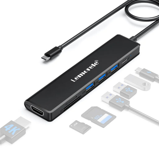LEMORELE TC90 7 in 1 USB-C Hub PD 100W Fast Charging 4K HD 3x USB 3.0 Dock SD TF Card Reader - Black - 1