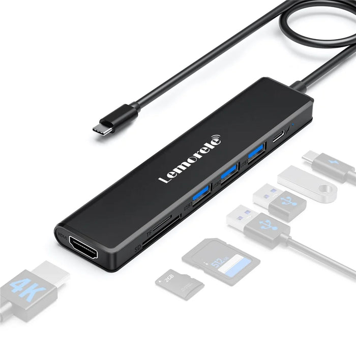 LEMORELE TC90 7 in 1 USB-C Hub PD 100W Fast Charging 4K HD 3x USB 3.0 Dock SD TF Card Reader - Black - 1