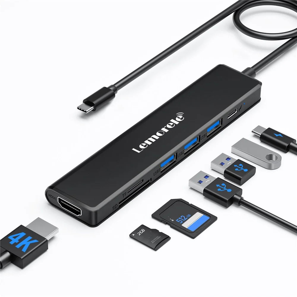 LEMORELE TC90 7 in 1 USB-C Hub PD 100W Fast Charging 4K HD 3x USB 3.0 Dock SD TF Card Reader - Black - 2